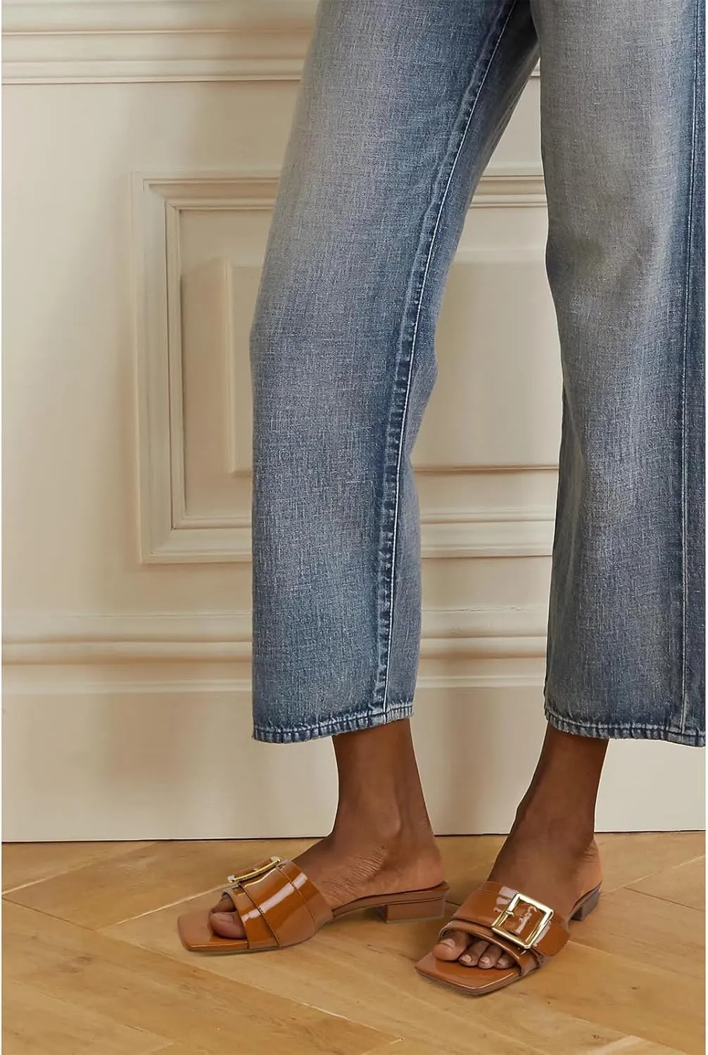 Women's Slide Heeled Sandals Opened Square Toe Chunky Block Heel Slippers with Buckle Slip on Casual Comfortable Pumps