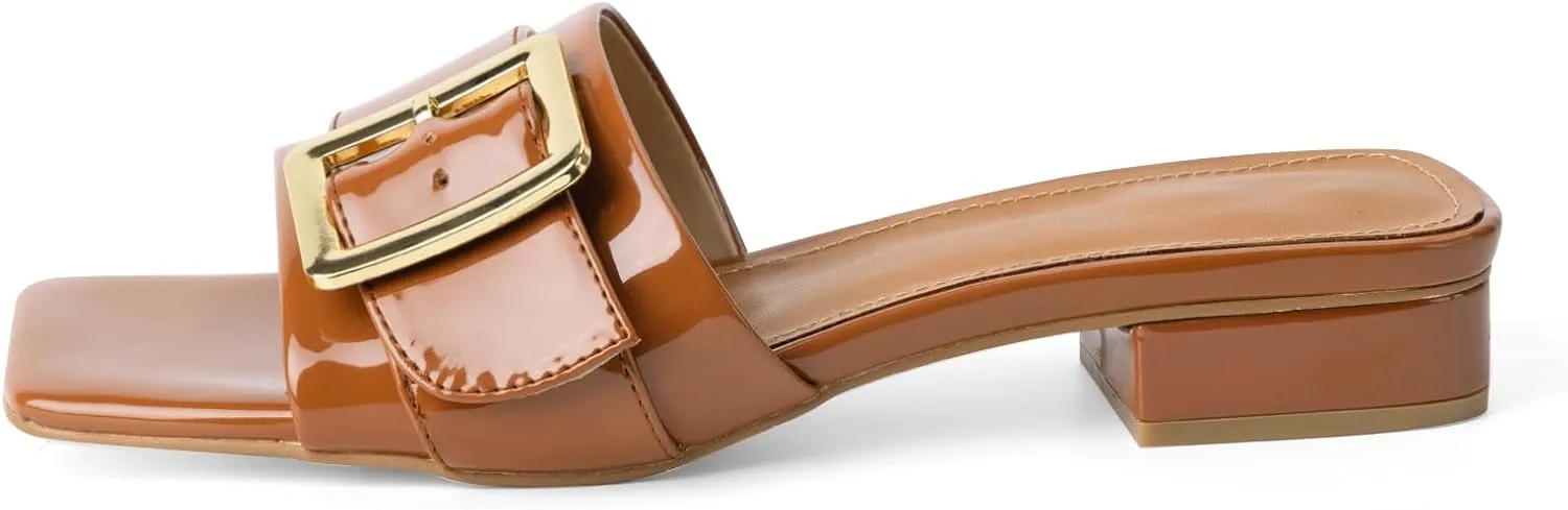 Women's Slide Heeled Sandals Opened Square Toe Chunky Block Heel Slippers with Buckle Slip on Casual Comfortable Pumps