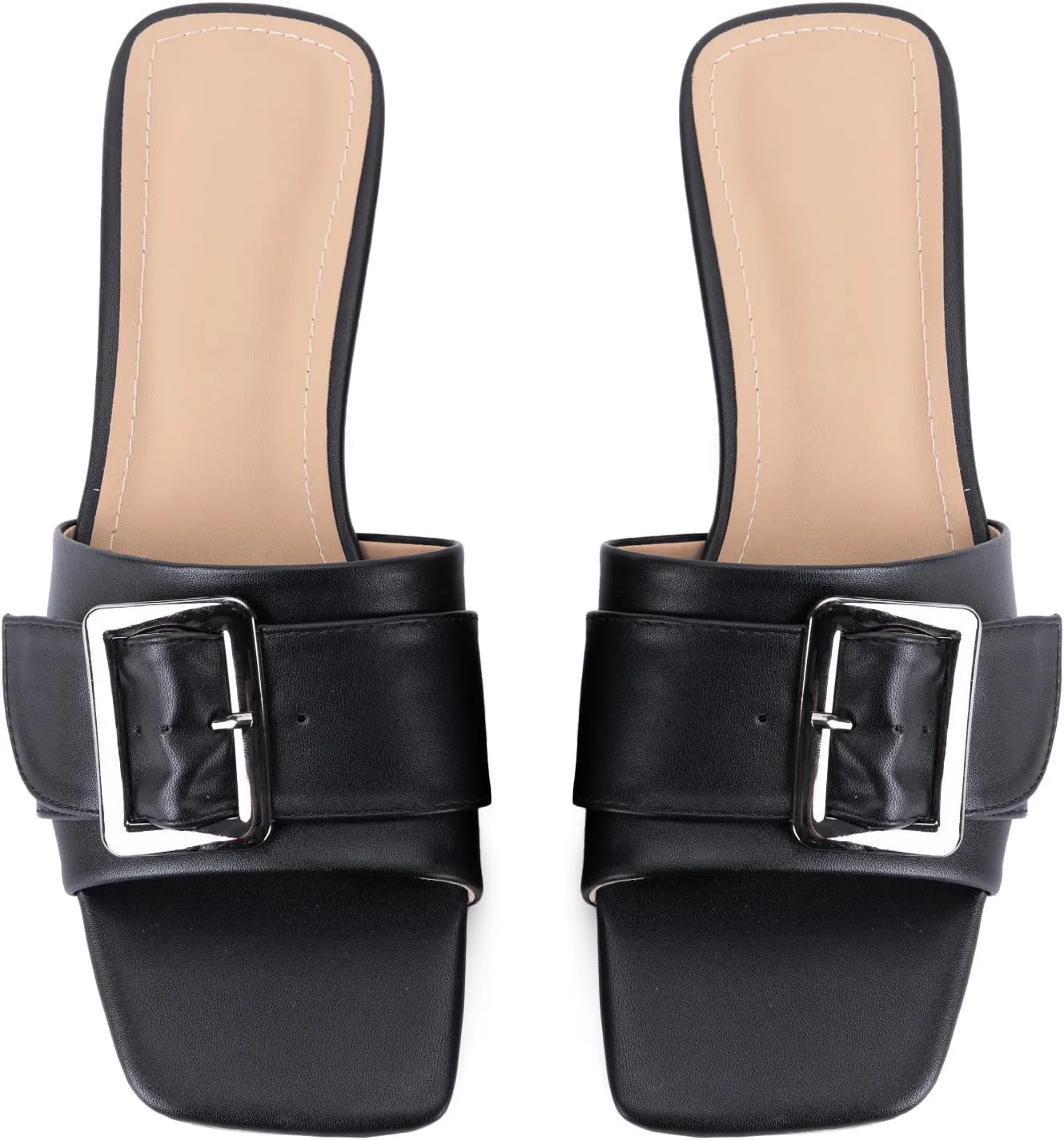 Women's Slide Heeled Sandals Opened Square Toe Chunky Block Heel Slippers with Buckle Slip on Casual Comfortable Pumps