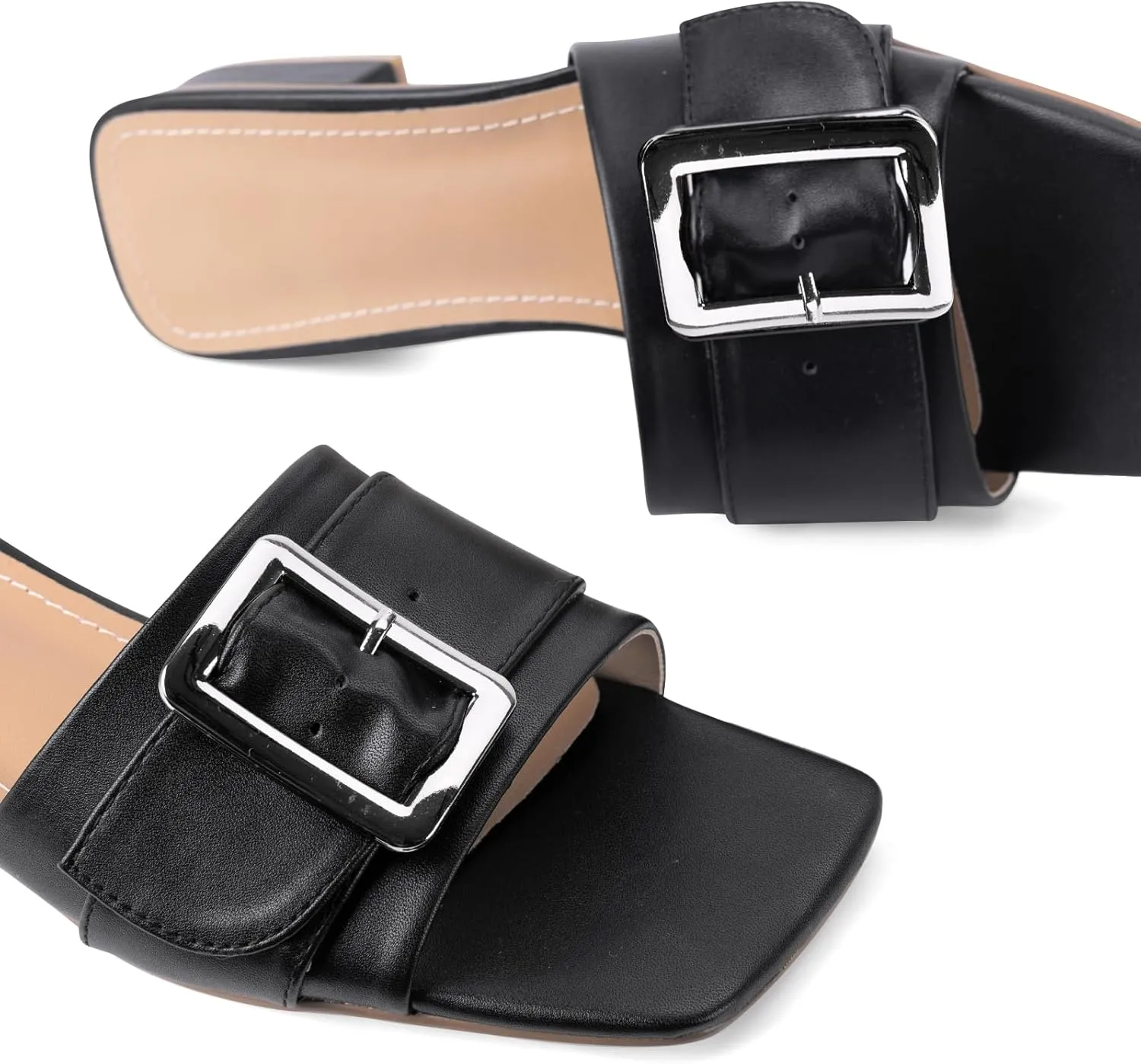 Women's Slide Heeled Sandals Opened Square Toe Chunky Block Heel Slippers with Buckle Slip on Casual Comfortable Pumps