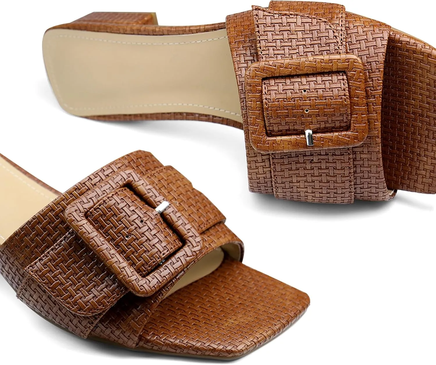 Women's Slide Heeled Sandals Opened Square Toe Chunky Block Heel Slippers with Buckle Slip on Casual Comfortable Pumps