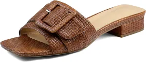 Women's Slide Heeled Sandals Opened Square Toe Chunky Block Heel Slippers with Buckle Slip on Casual Comfortable Pumps