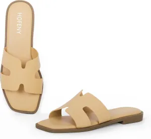 Womens Slip On Flat Sandals Soft Leather Open Toe Slide for Summer Dressy