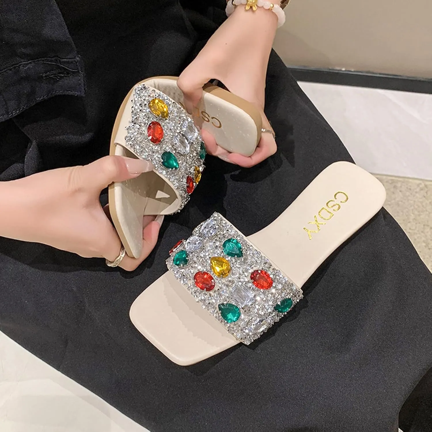 Women's Sparkle Gem Diamond Flat Slide Sandals,Rainbow Rhinestones Square Open Toe Slip-on Jeweled Sandals Beach Slippers