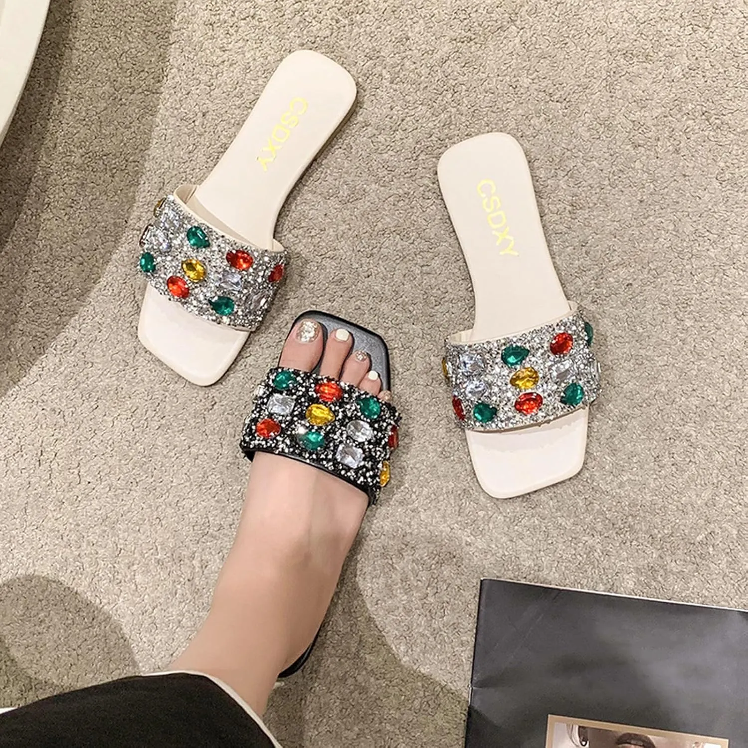 Women's Sparkle Gem Diamond Flat Slide Sandals,Rainbow Rhinestones Square Open Toe Slip-on Jeweled Sandals Beach Slippers