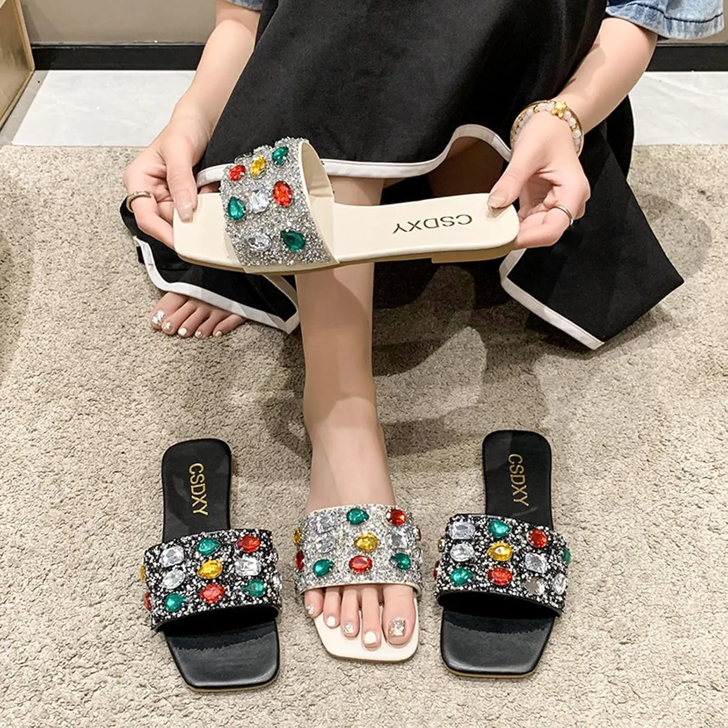 Women's Sparkle Gem Diamond Flat Slide Sandals,Rainbow Rhinestones Square Open Toe Slip-on Jeweled Sandals Beach Slippers