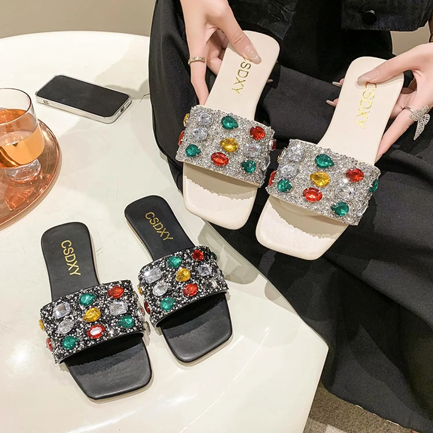 Women's Sparkle Gem Diamond Flat Slide Sandals,Rainbow Rhinestones Square Open Toe Slip-on Jeweled Sandals Beach Slippers