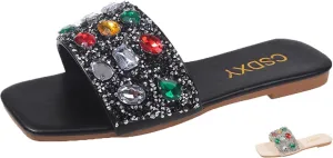 Women's Sparkle Gem Diamond Flat Slide Sandals,Rainbow Rhinestones Square Open Toe Slip-on Jeweled Sandals Beach Slippers