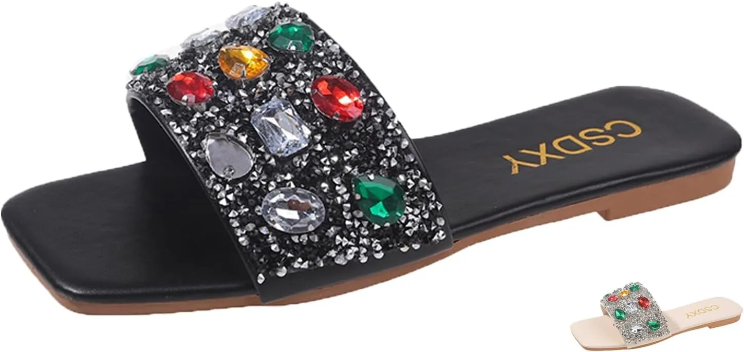 Women's Sparkle Gem Diamond Flat Slide Sandals,Rainbow Rhinestones Square Open Toe Slip-on Jeweled Sandals Beach Slippers