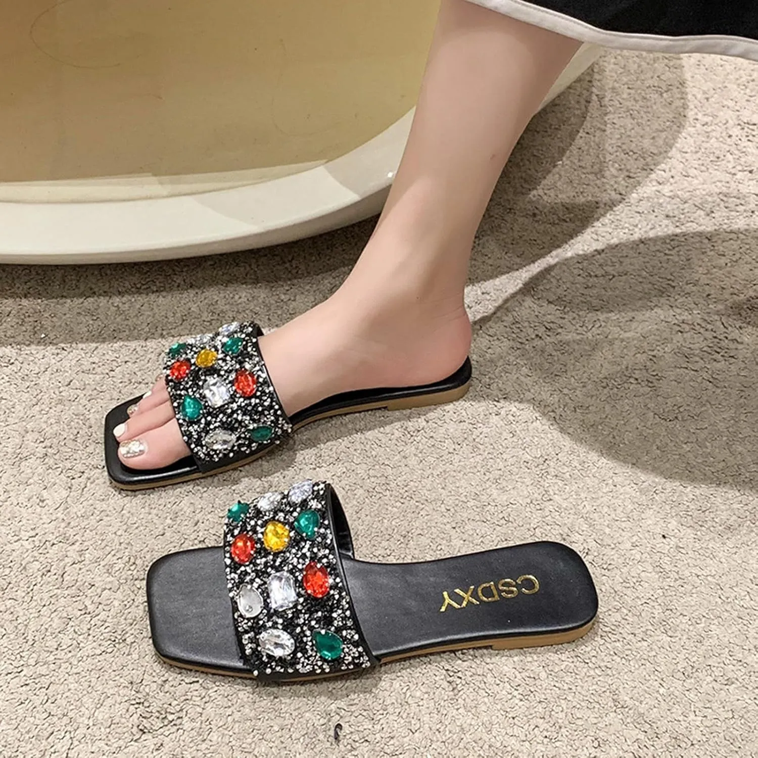 Women's Sparkle Gem Diamond Flat Slide Sandals,Rainbow Rhinestones Square Open Toe Slip-on Jeweled Sandals Beach Slippers