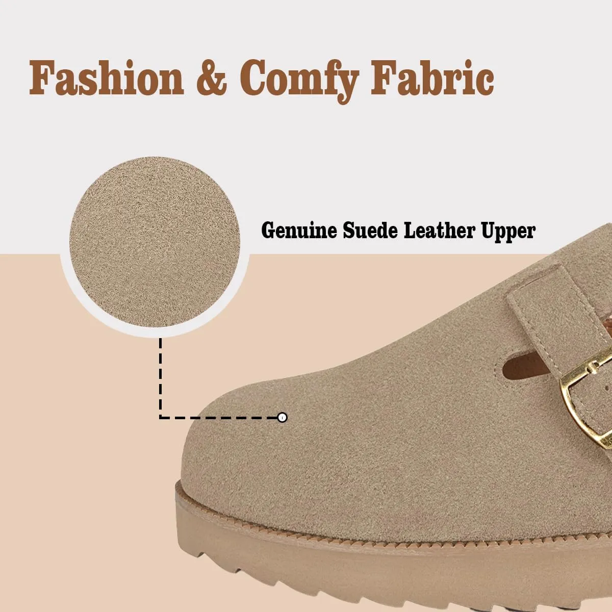 Women's Suede Clogs Leather Mules Comfort Cork Footbed Platform Clogs Adjustable Buckle Slip On Sandals Potato Shoes with Arch Support