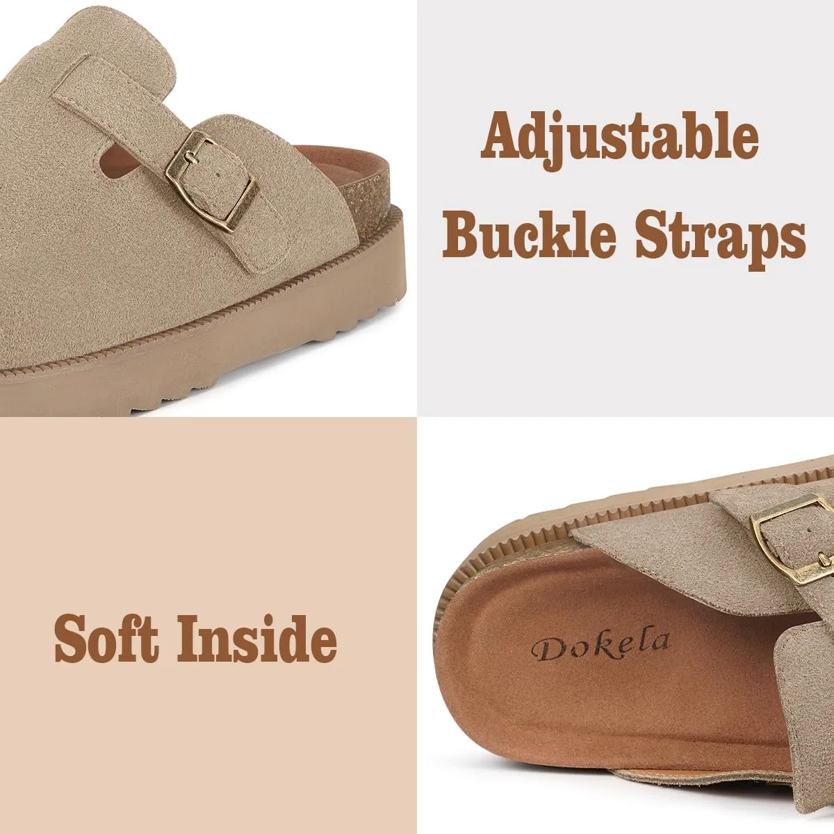 Women's Suede Clogs Leather Mules Comfort Cork Footbed Platform Clogs Adjustable Buckle Slip On Sandals Potato Shoes with Arch Support