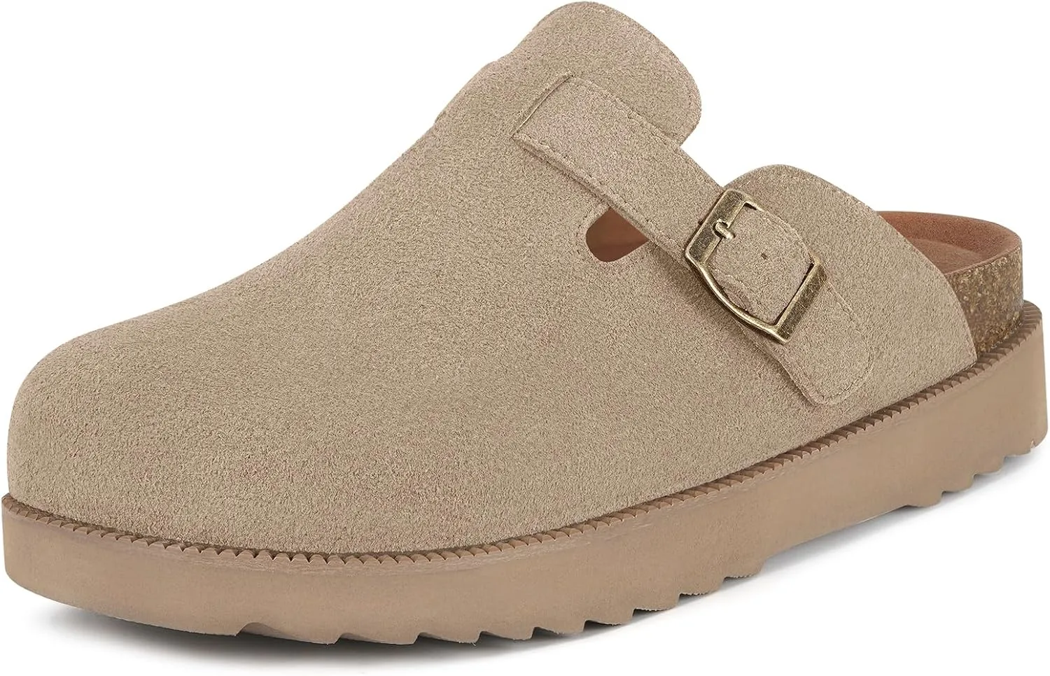 Women's Suede Clogs Leather Mules Comfort Cork Footbed Platform Clogs Adjustable Buckle Slip On Sandals Potato Shoes with Arch Support