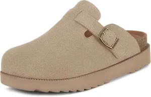 Women's Suede Clogs Leather Mules Comfort Cork Footbed Platform Clogs Adjustable Buckle Slip On Sandals Potato Shoes with Arch Support