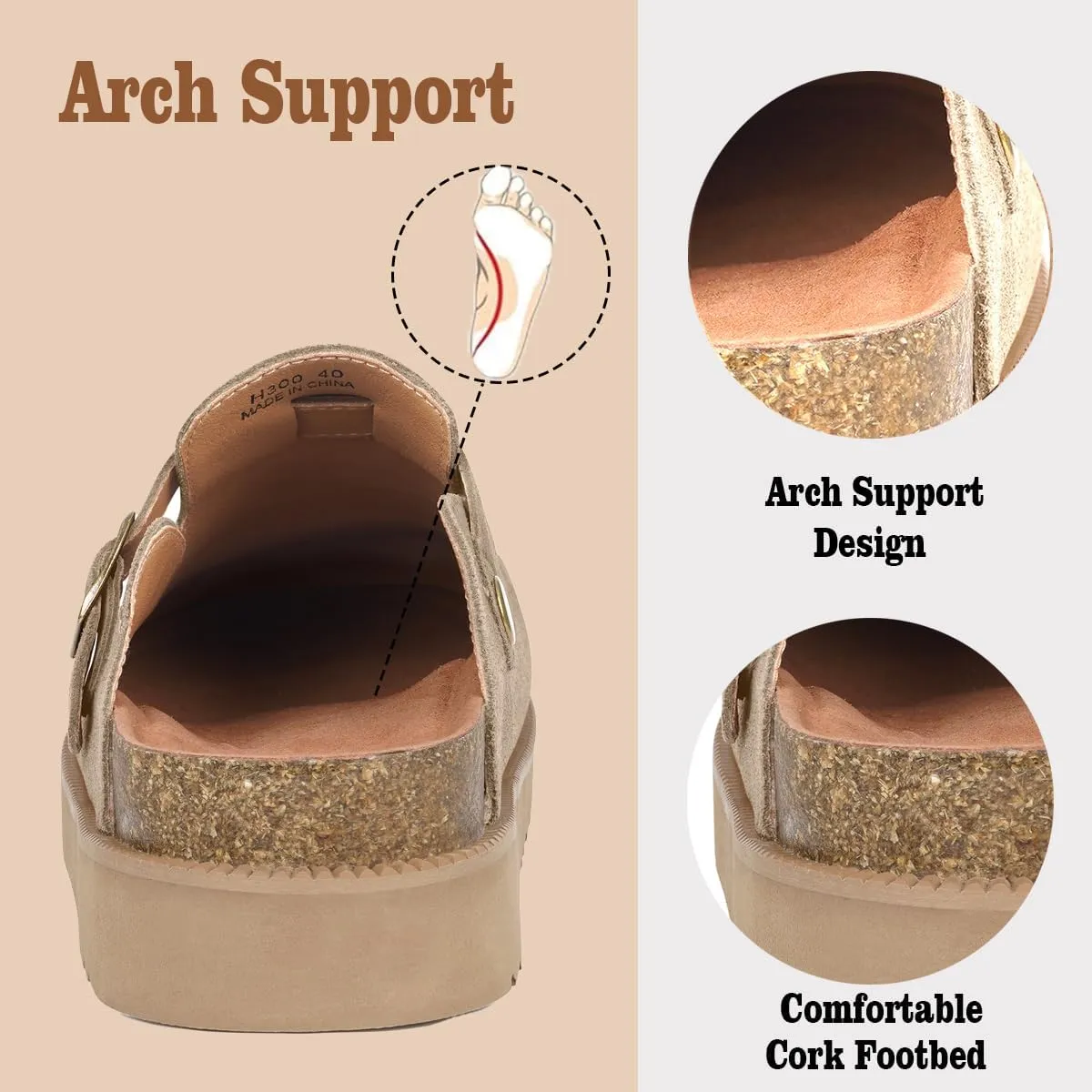 Women's Suede Clogs Leather Mules Comfort Cork Footbed Platform Clogs Adjustable Buckle Slip On Sandals Potato Shoes with Arch Support