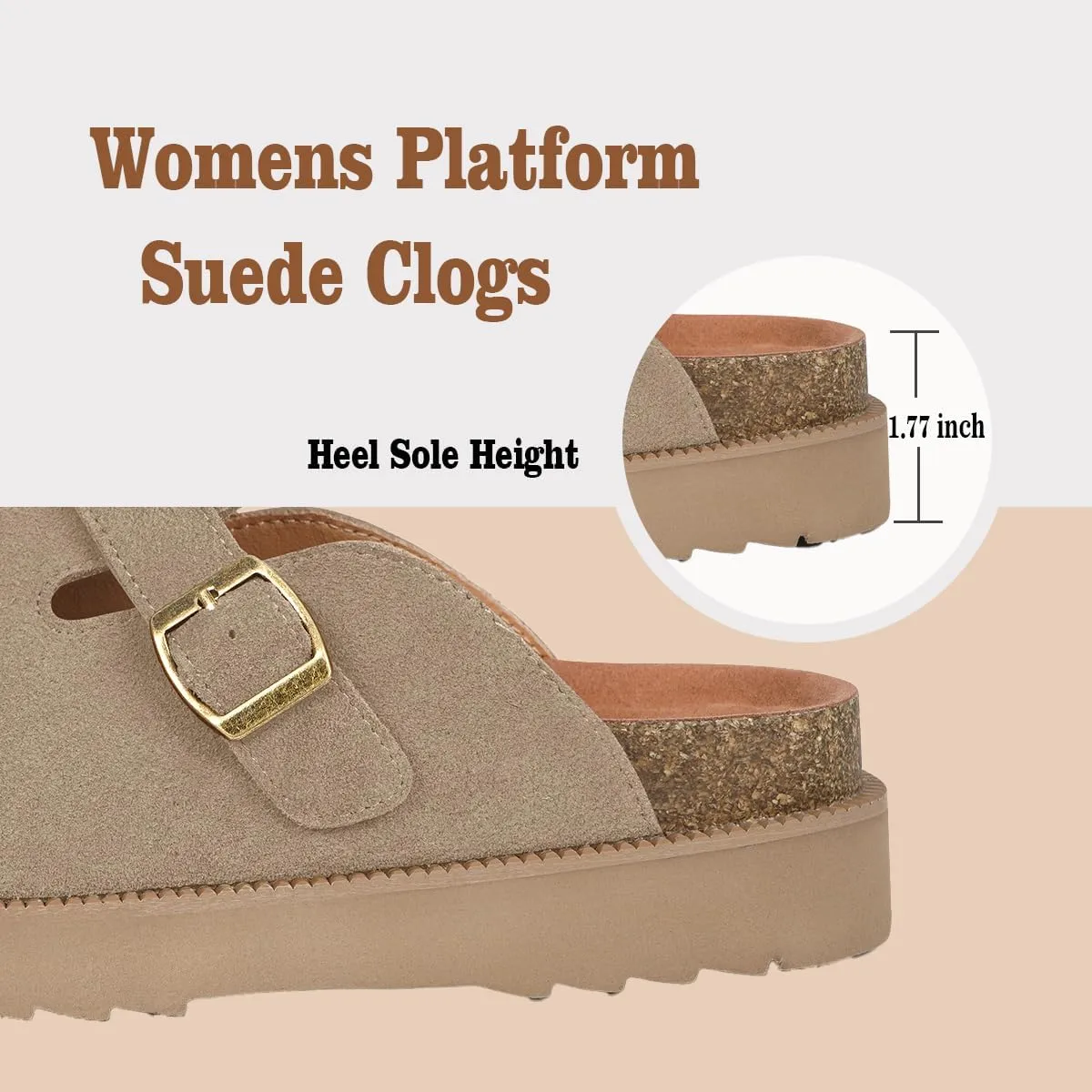 Women's Suede Clogs Leather Mules Comfort Cork Footbed Platform Clogs Adjustable Buckle Slip On Sandals Potato Shoes with Arch Support