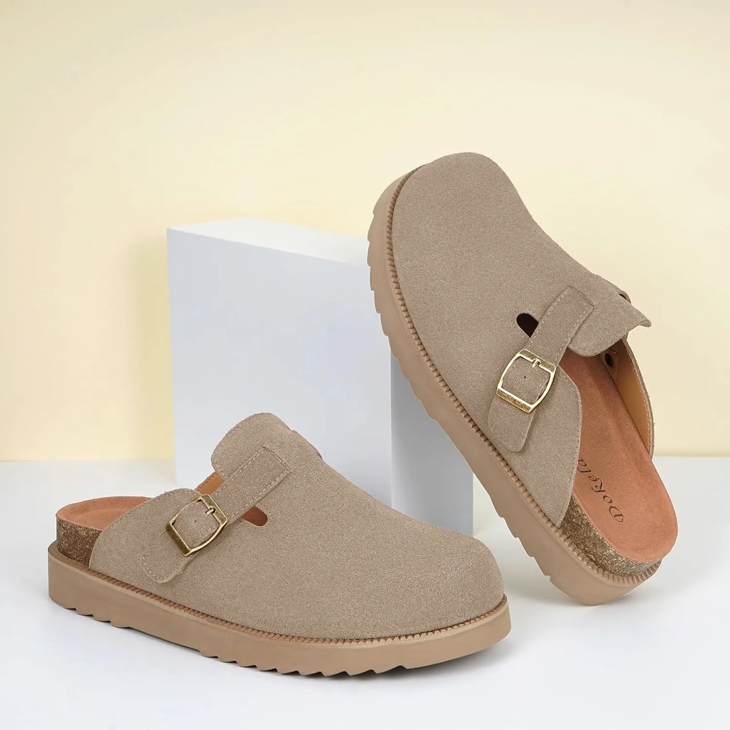 Women's Suede Clogs Leather Mules Comfort Cork Footbed Platform Clogs Adjustable Buckle Slip On Sandals Potato Shoes with Arch Support