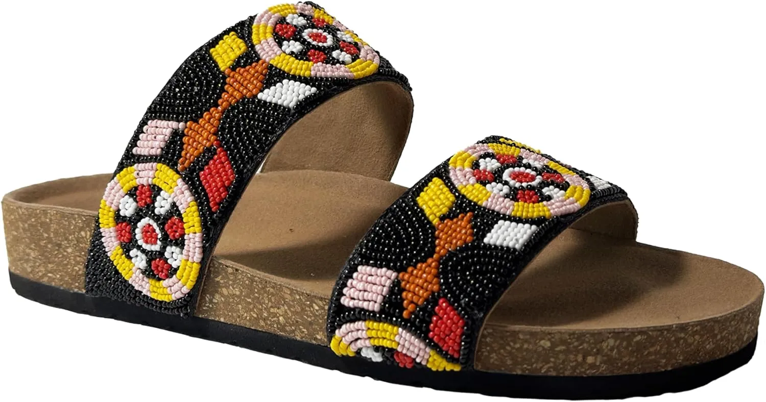 Women's Suede Cork Footbed Handmade Beaded Slide Sandal
