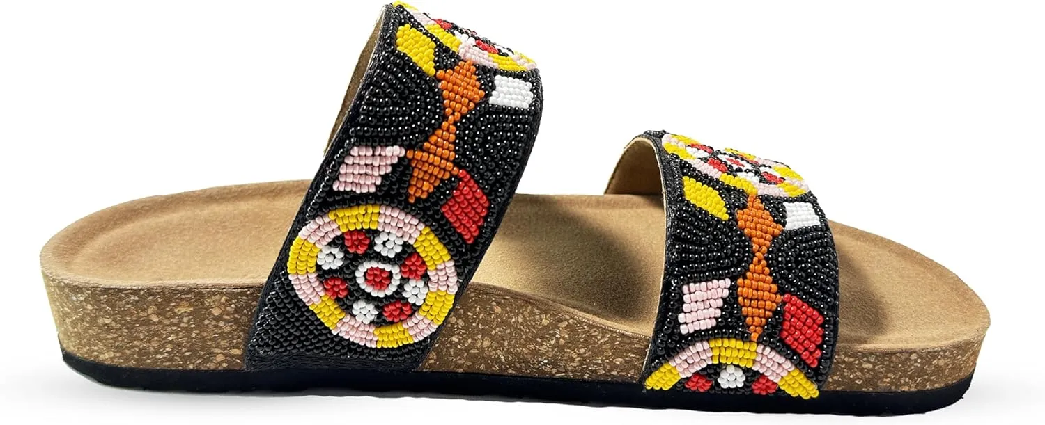 Women's Suede Cork Footbed Handmade Beaded Slide Sandal