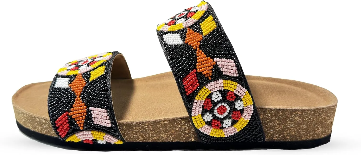Women's Suede Cork Footbed Handmade Beaded Slide Sandal