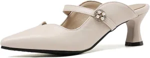 Women's Work Business Vintage Fashion Penny Slip On Mules Pearl Rhinestone Strap Kitten Mid Heels Closed Pointed Toe Comfort Dress Pumps Dating Daily Wear Ladies Shoes