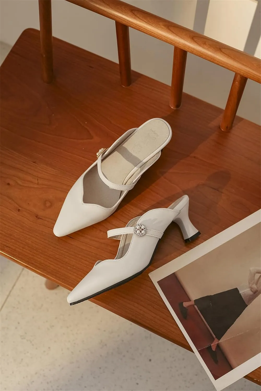 Women's Work Business Vintage Fashion Penny Slip On Mules Pearl Rhinestone Strap Kitten Mid Heels Closed Pointed Toe Comfort Dress Pumps Dating Daily Wear Ladies Shoes