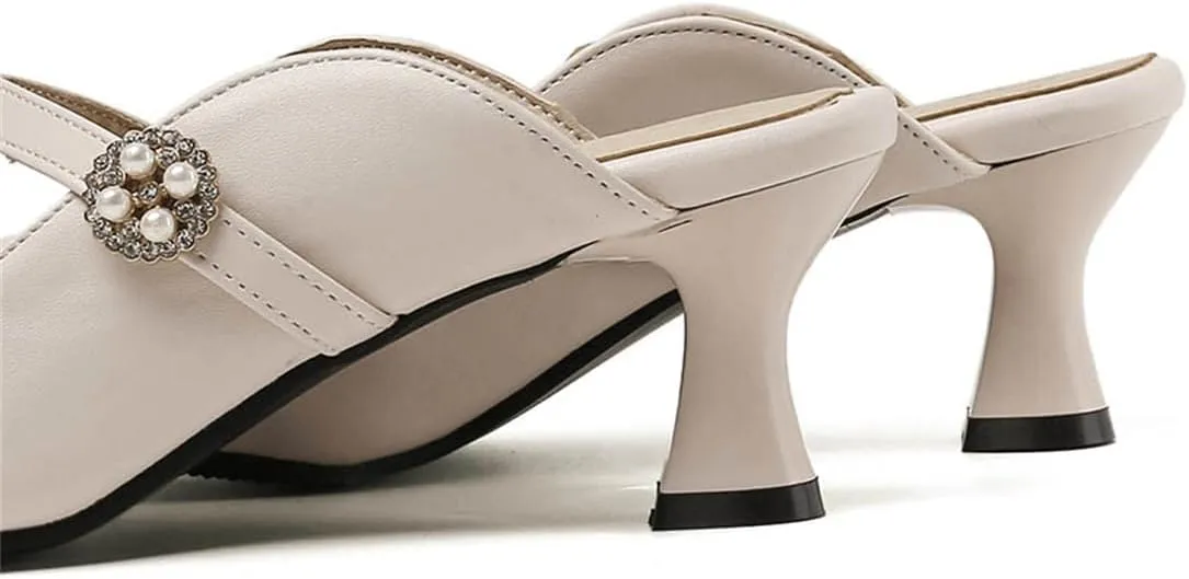 Women's Work Business Vintage Fashion Penny Slip On Mules Pearl Rhinestone Strap Kitten Mid Heels Closed Pointed Toe Comfort Dress Pumps Dating Daily Wear Ladies Shoes