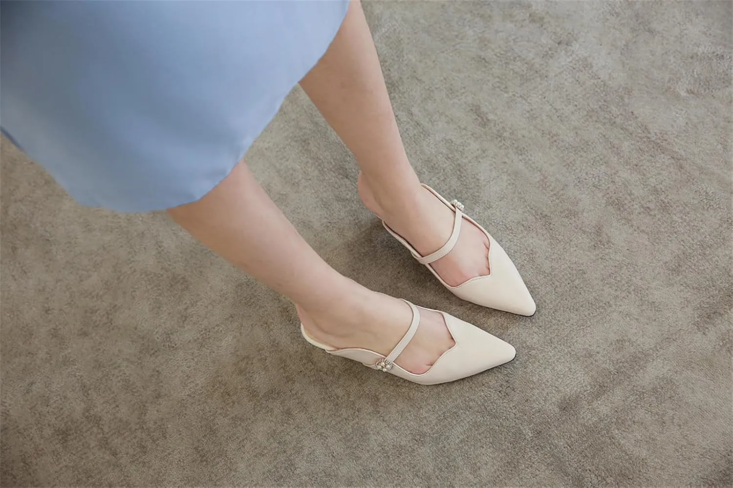 Women's Work Business Vintage Fashion Penny Slip On Mules Pearl Rhinestone Strap Kitten Mid Heels Closed Pointed Toe Comfort Dress Pumps Dating Daily Wear Ladies Shoes