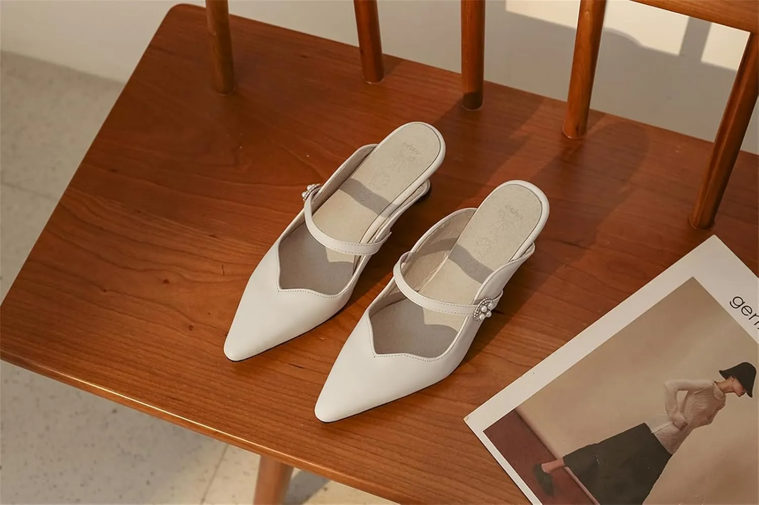 Women's Work Business Vintage Fashion Penny Slip On Mules Pearl Rhinestone Strap Kitten Mid Heels Closed Pointed Toe Comfort Dress Pumps Dating Daily Wear Ladies Shoes