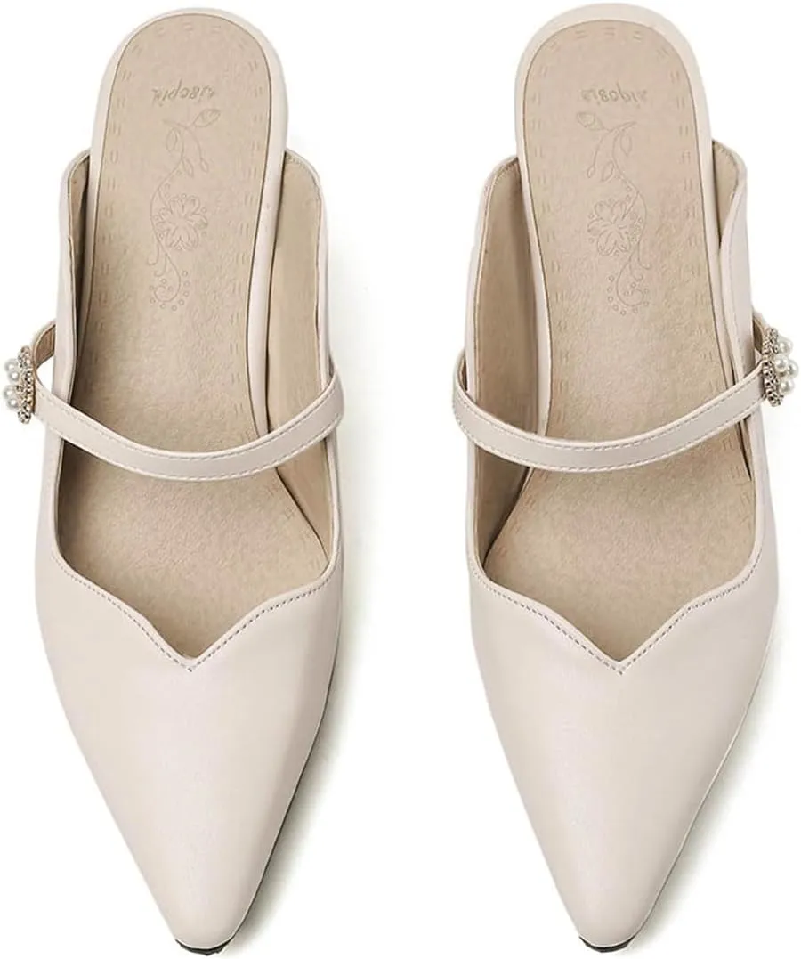 Women's Work Business Vintage Fashion Penny Slip On Mules Pearl Rhinestone Strap Kitten Mid Heels Closed Pointed Toe Comfort Dress Pumps Dating Daily Wear Ladies Shoes