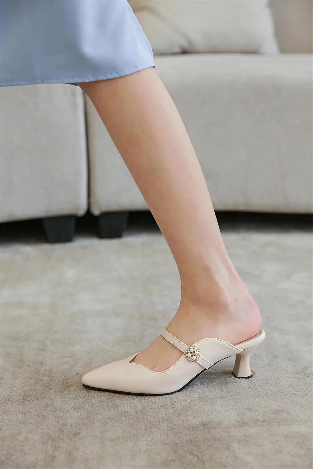 Women's Work Business Vintage Fashion Penny Slip On Mules Pearl Rhinestone Strap Kitten Mid Heels Closed Pointed Toe Comfort Dress Pumps Dating Daily Wear Ladies Shoes