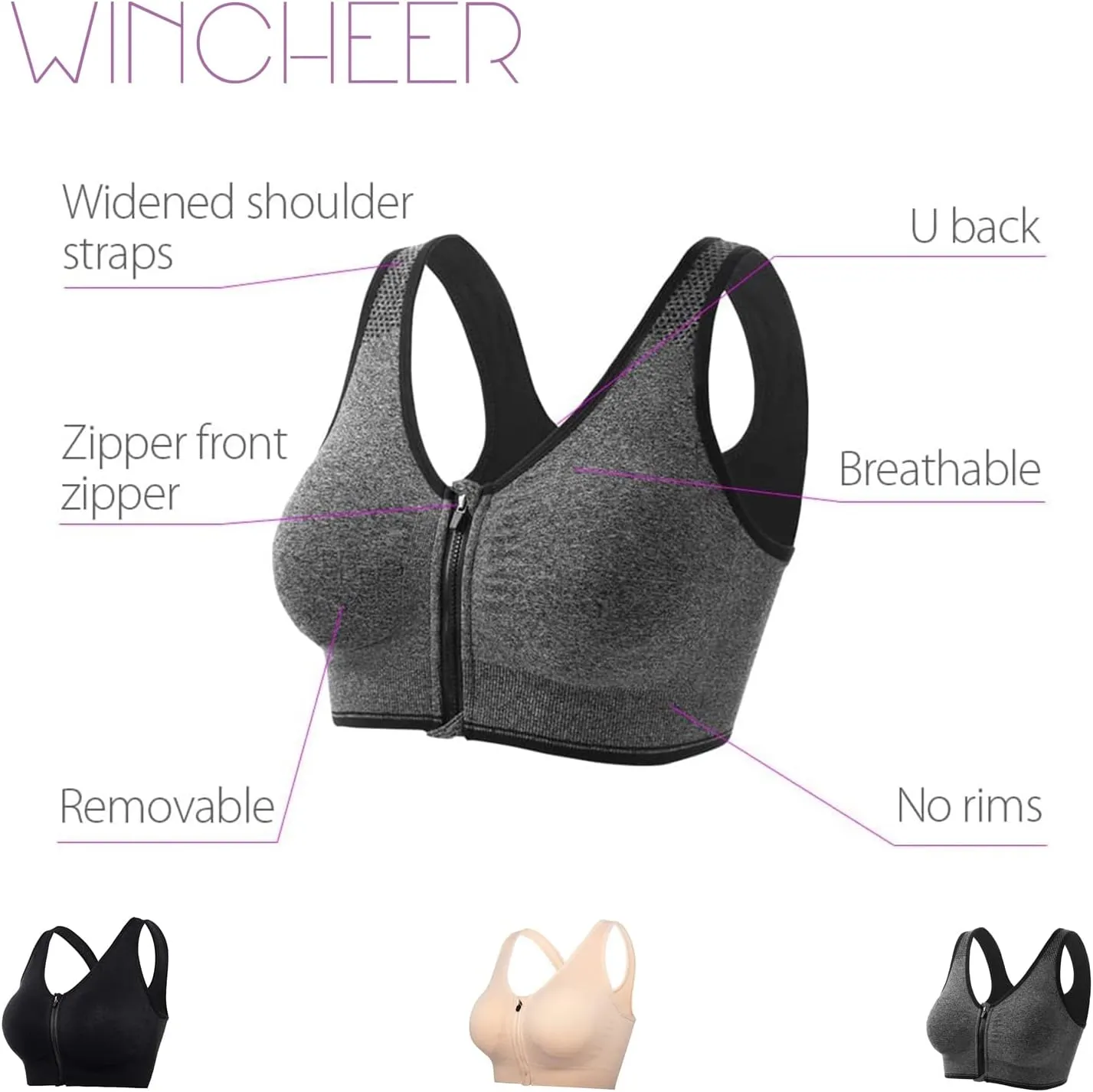 Women's Zip Front Sports Bra, Wireless Breathable Closure Underwear for Active Running Gym Workout Yoga High Impact Bras
