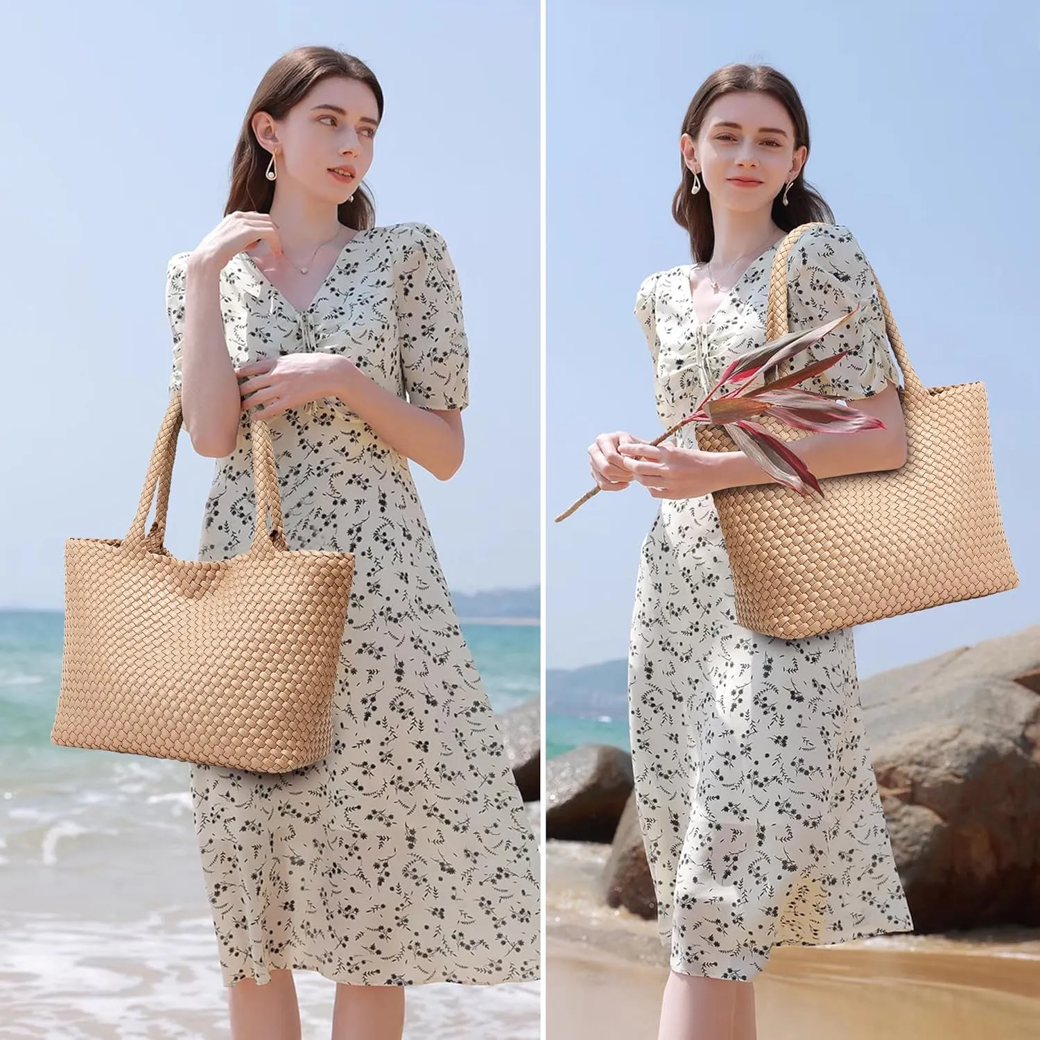 Woven Bags for Women Tote Purse: Vegan Leather Shoulder Handbags - Large Beach Tote - Travel Totes Handwoven Satchel