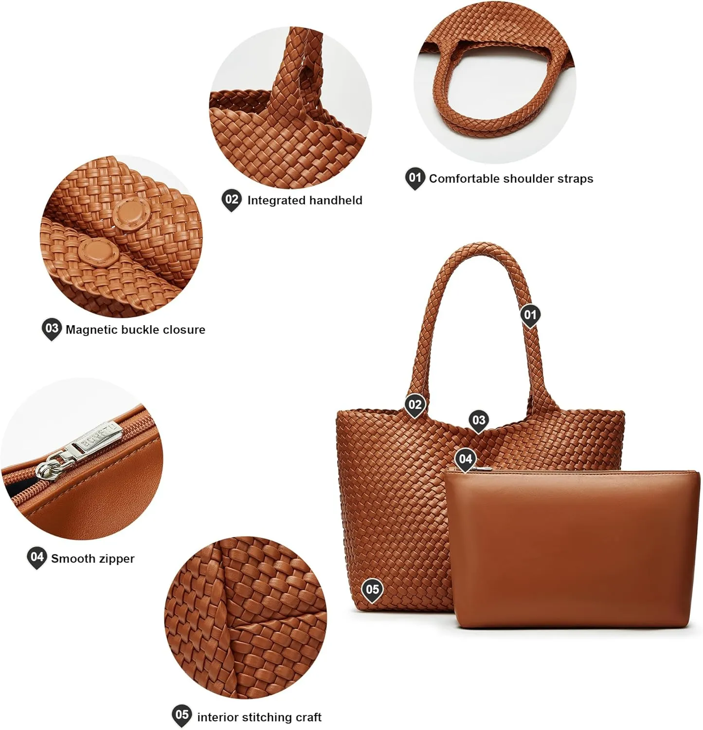 Woven Bags for Women Tote Purse: Vegan Leather Shoulder Handbags - Large Beach Tote - Travel Totes Handwoven Satchel