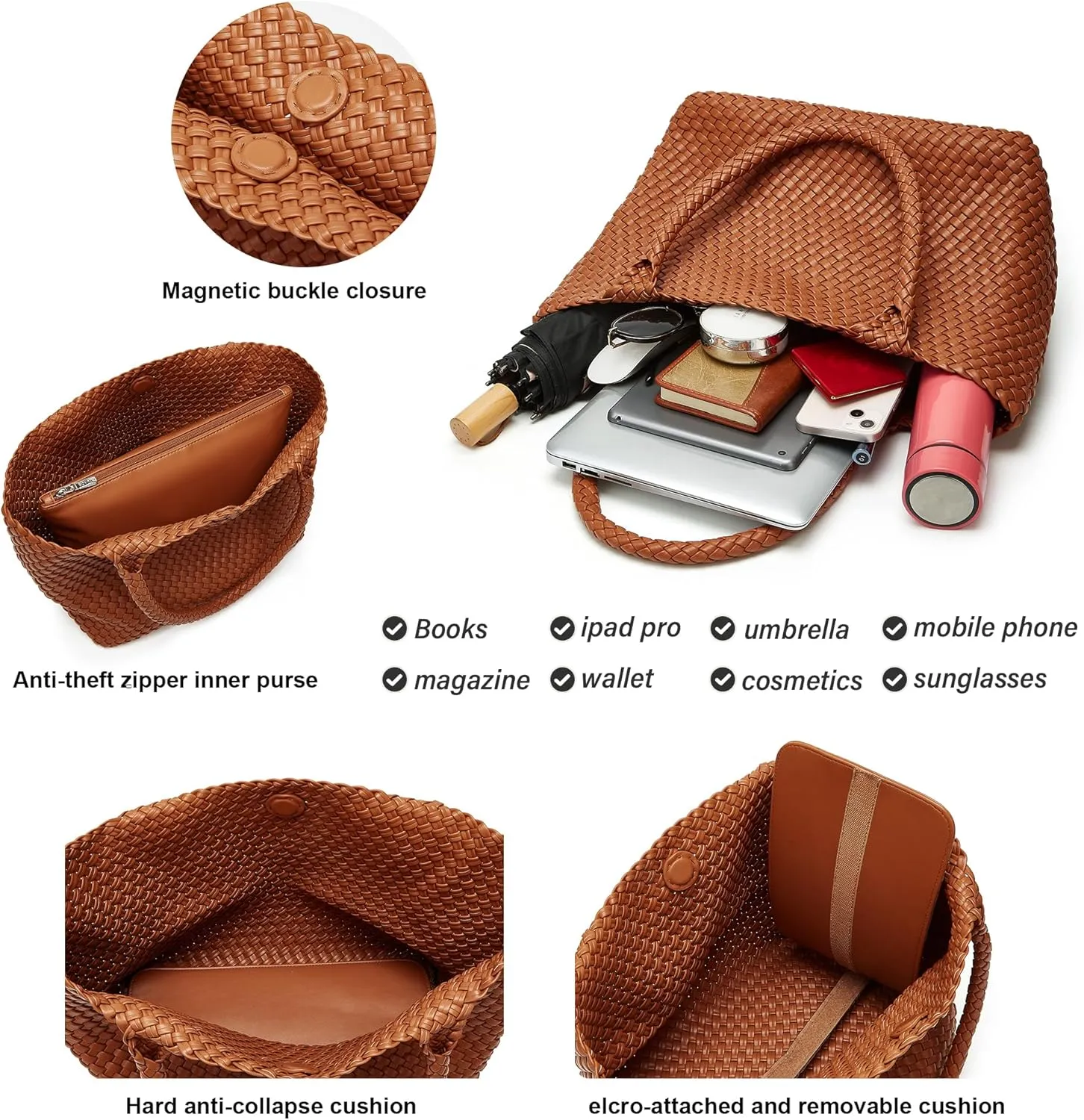 Woven Bags for Women Tote Purse: Vegan Leather Shoulder Handbags - Large Beach Tote - Travel Totes Handwoven Satchel