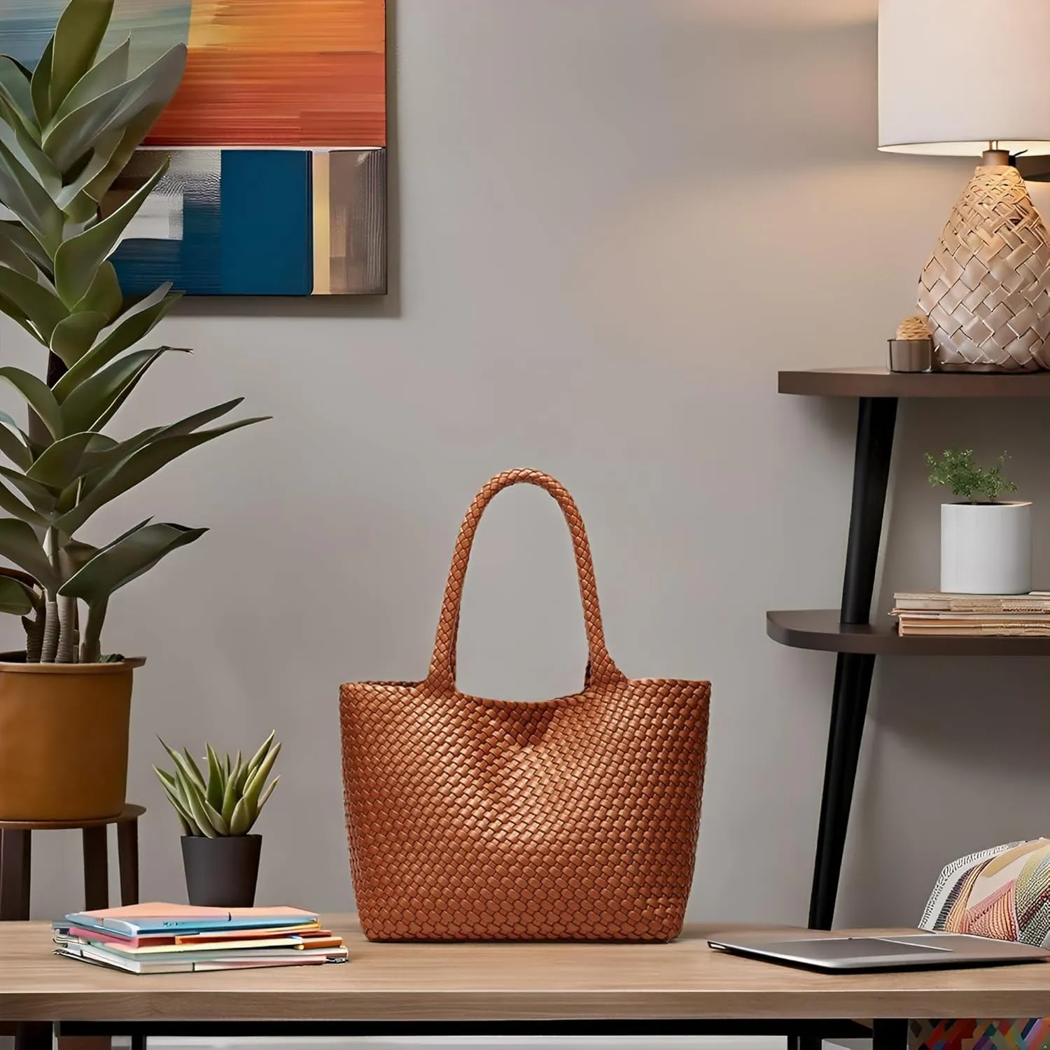Woven Bags for Women Tote Purse: Vegan Leather Shoulder Handbags - Large Beach Tote - Travel Totes Handwoven Satchel