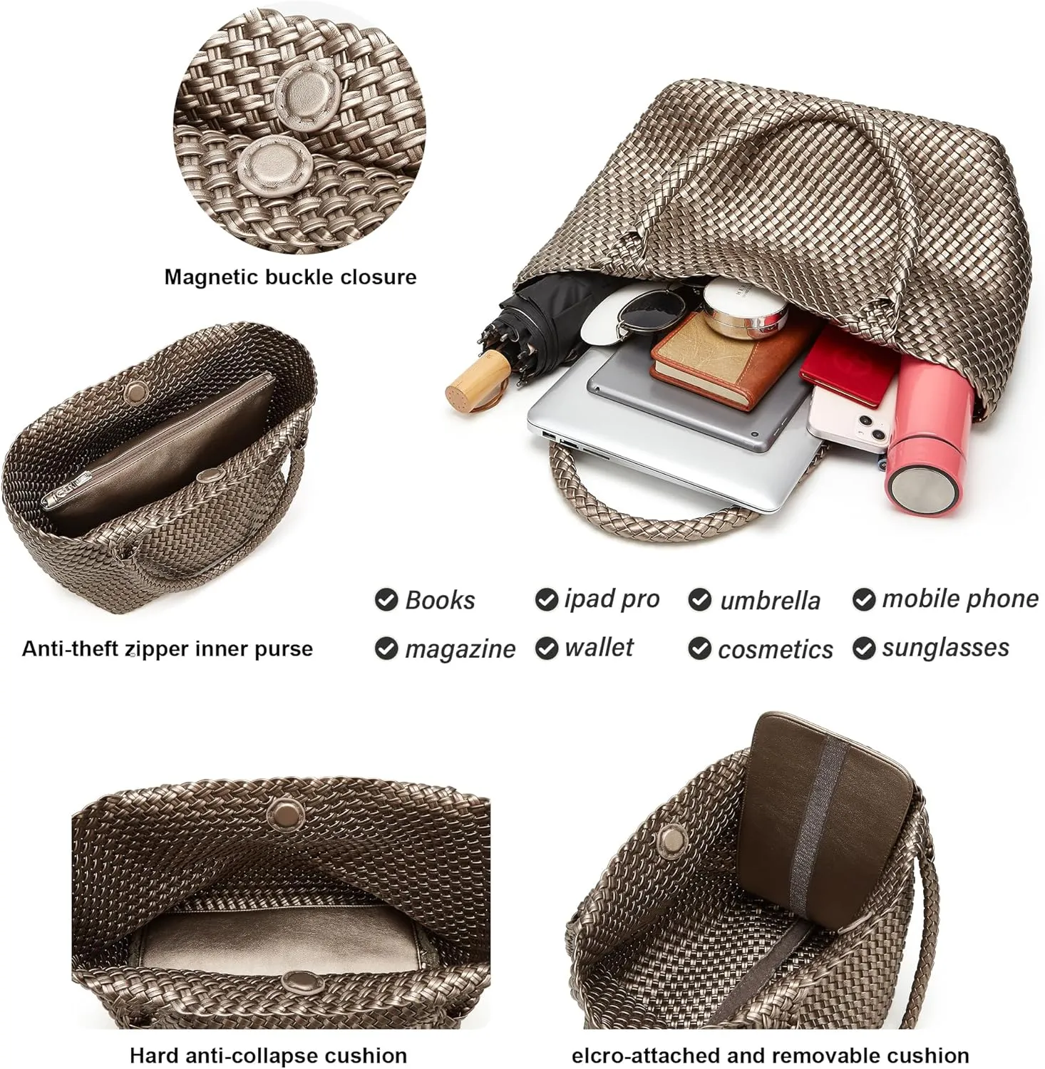 Woven Bags for Women Tote Purse: Vegan Leather Shoulder Handbags - Large Beach Tote - Travel Totes Handwoven Satchel
