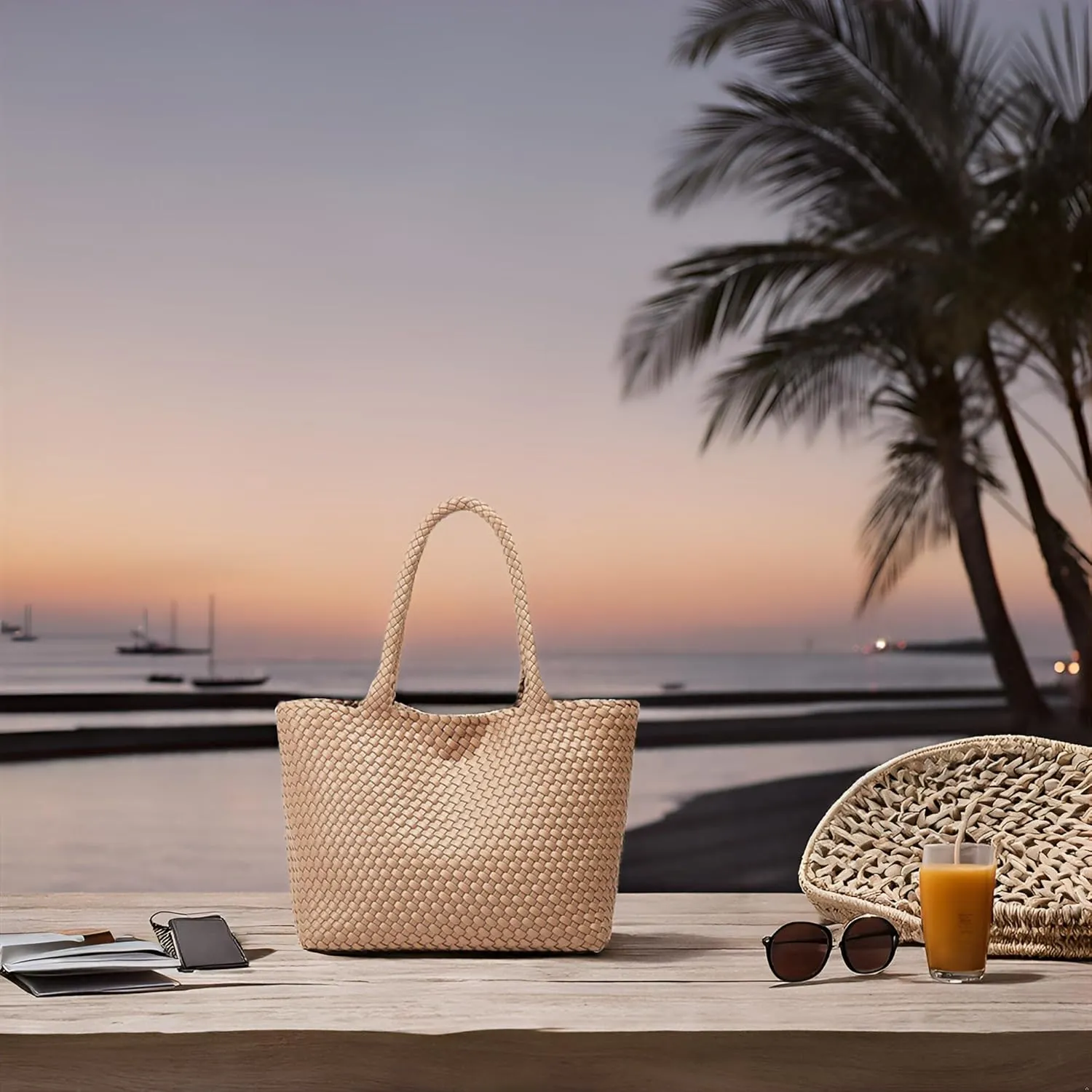 Woven Bags for Women Tote Purse: Vegan Leather Shoulder Handbags - Large Beach Tote - Travel Totes Handwoven Satchel