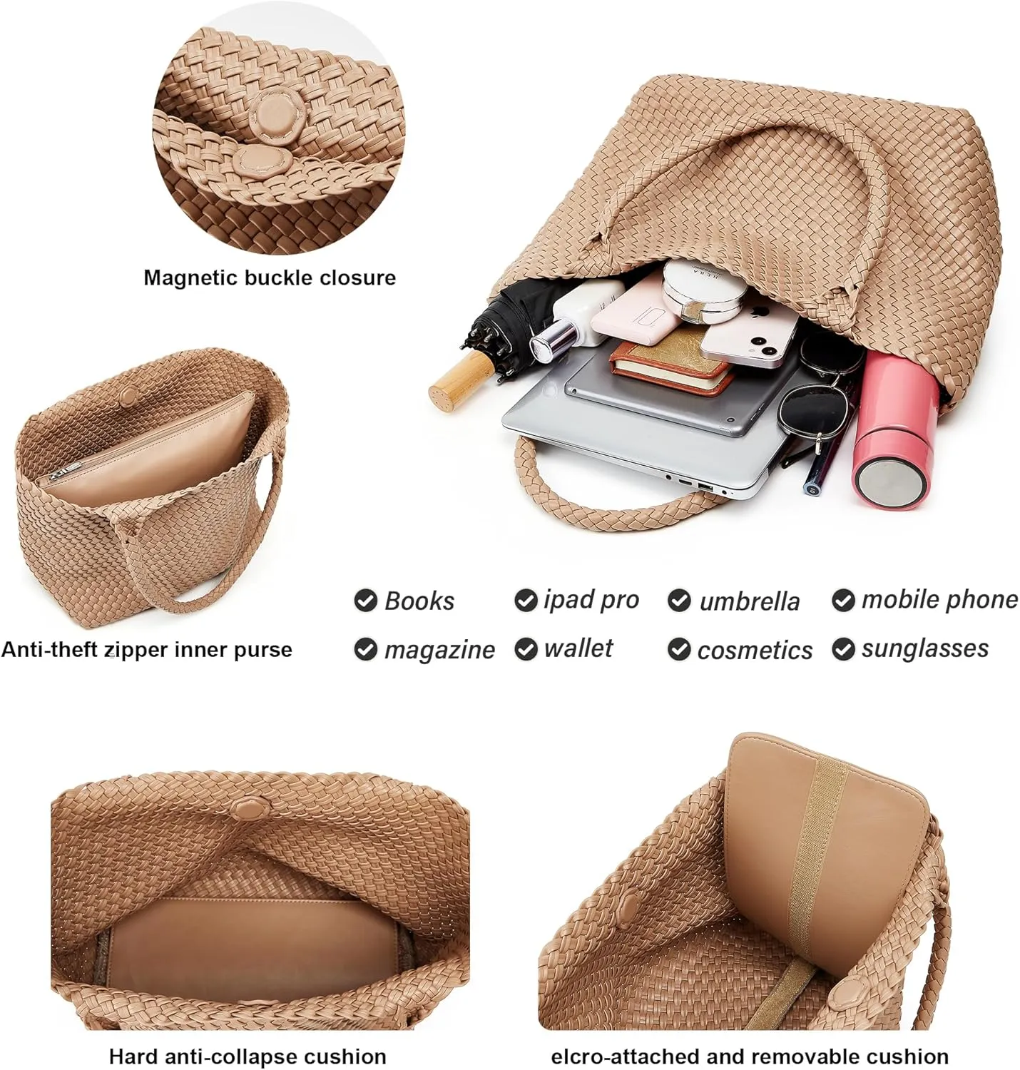 Woven Bags for Women Tote Purse: Vegan Leather Shoulder Handbags - Large Beach Tote - Travel Totes Handwoven Satchel