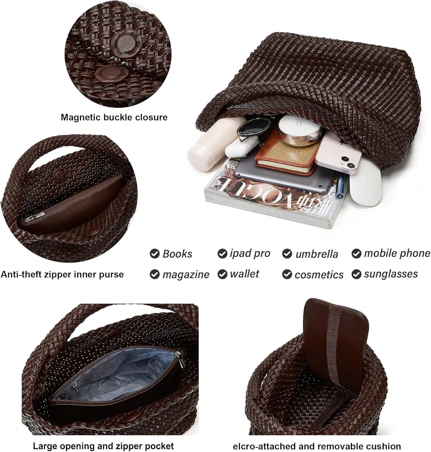Woven Tote Bag for Women: Vegan Leather Shoulder Purse - Underarm Hobo Bag - Summer Beach Tote for Vacation