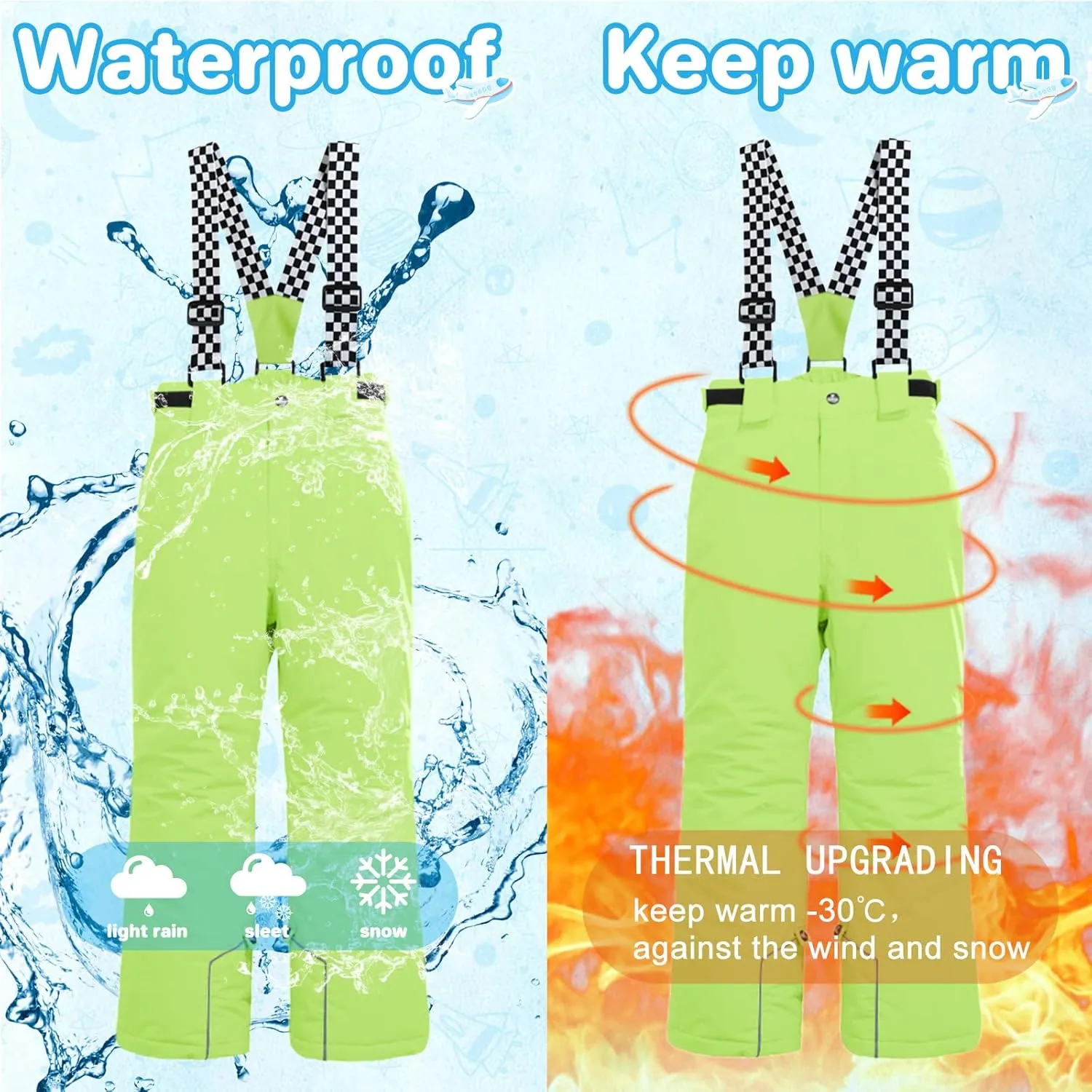 WOWULOVELY Kid's Snow Bib Pants Winter Waterproof Windproof Ski Pants Insulated Snowboard Overalls for Boys Girls