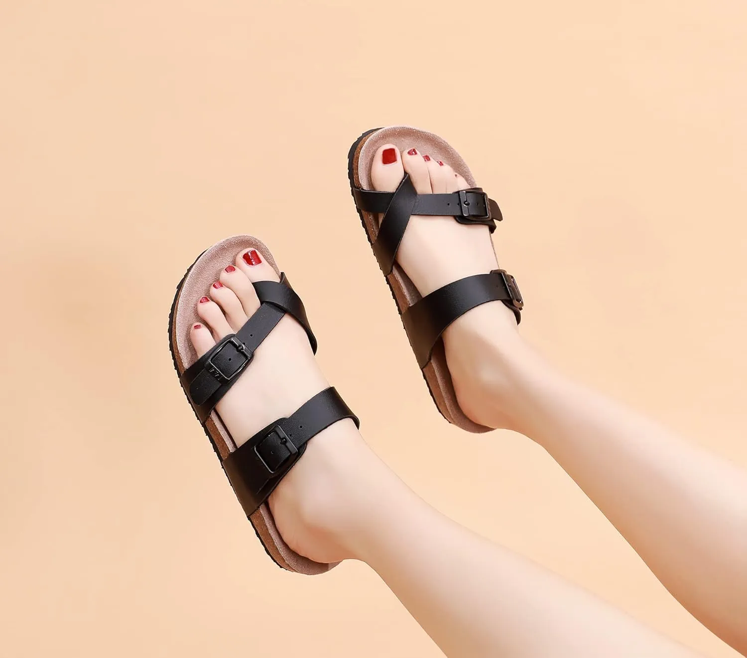 WTW Cork Footbed Womens Sandals Genuine Leather Insole Slides Sandals for Women Adjustable Buckle Summer Sandals Outdoor Walking