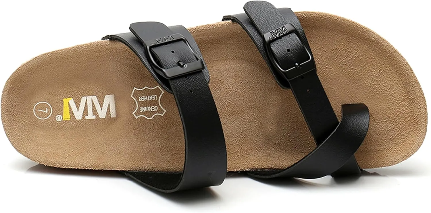 WTW Cork Footbed Womens Sandals Genuine Leather Insole Slides Sandals for Women Adjustable Buckle Summer Sandals Outdoor Walking