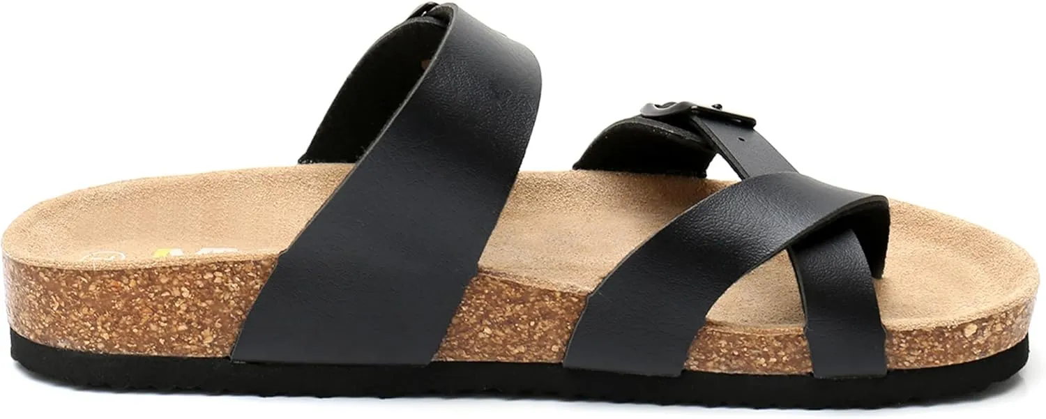 WTW Cork Footbed Womens Sandals Genuine Leather Insole Slides Sandals for Women Adjustable Buckle Summer Sandals Outdoor Walking