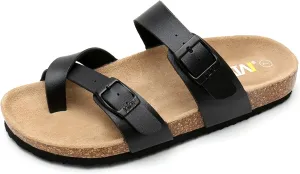 WTW Cork Footbed Womens Sandals Genuine Leather Insole Slides Sandals for Women Adjustable Buckle Summer Sandals Outdoor Walking