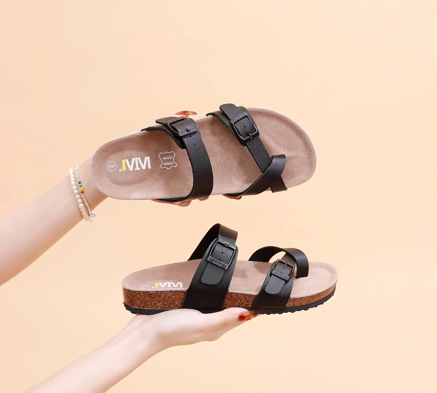 WTW Cork Footbed Womens Sandals Genuine Leather Insole Slides Sandals for Women Adjustable Buckle Summer Sandals Outdoor Walking