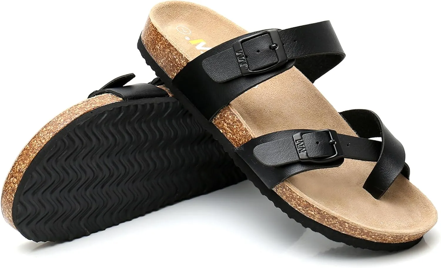 WTW Cork Footbed Womens Sandals Genuine Leather Insole Slides Sandals for Women Adjustable Buckle Summer Sandals Outdoor Walking