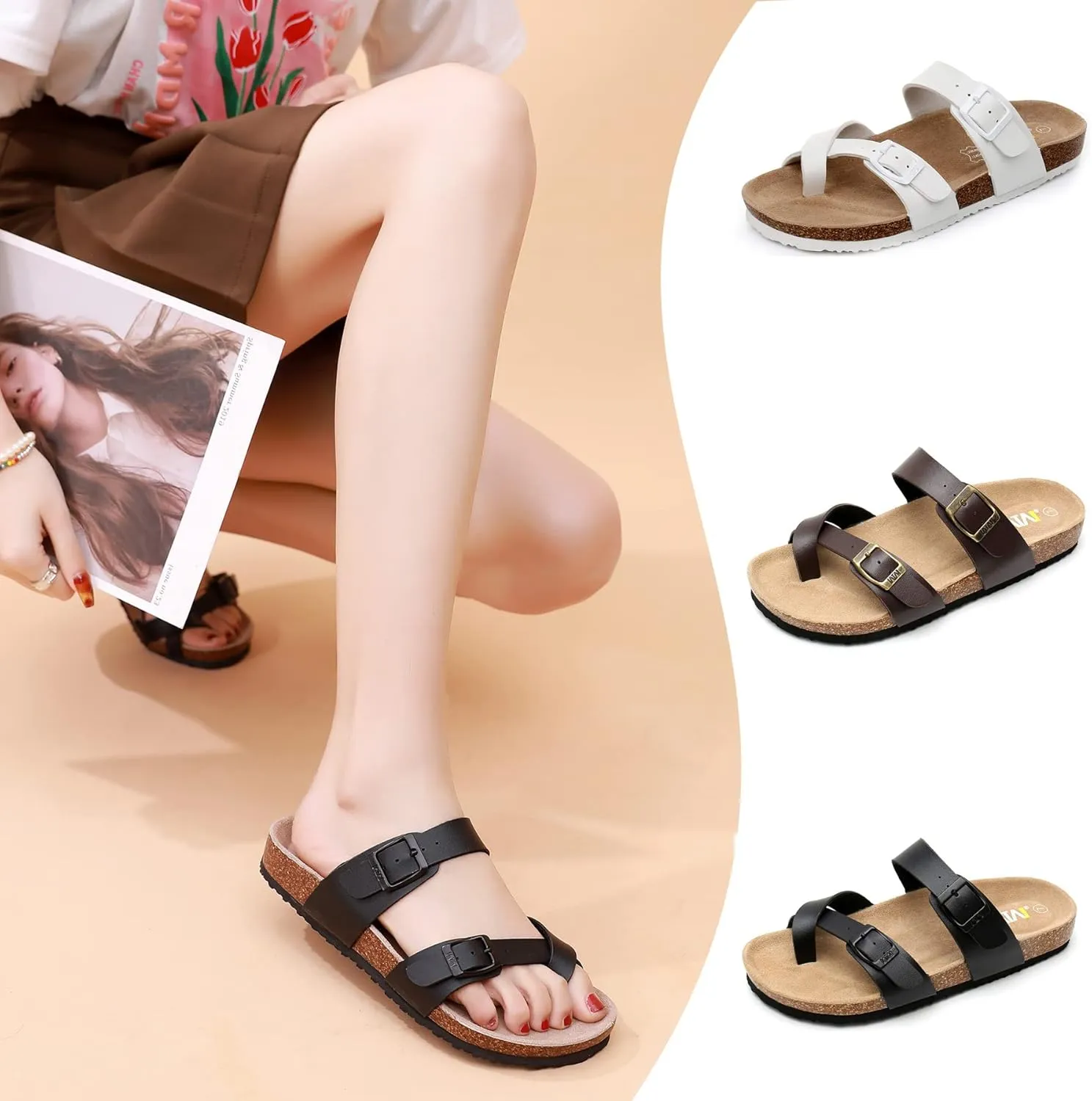 WTW Women's Comfortable Cork Footbed Sandals Memory Foam Summer Slide Sandals for Women Casual Beach Vacation Outdoor Walking