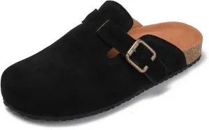 Yenktwei Women's Suede Clogs Cork Footbed Mule Shoes for Women Casual Slip-On Sandals with Arch Support Black