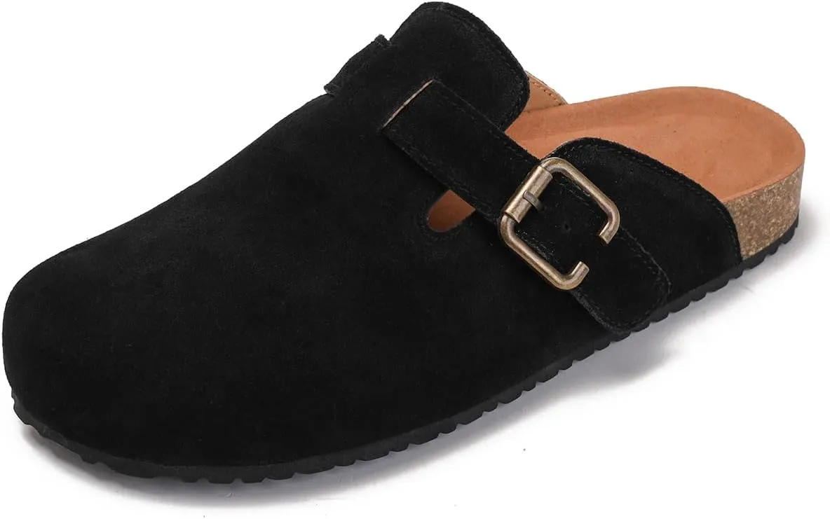 Yenktwei Women's Suede Clogs Cork Footbed Mule Shoes for Women Casual Slip-On Sandals with Arch Support Black